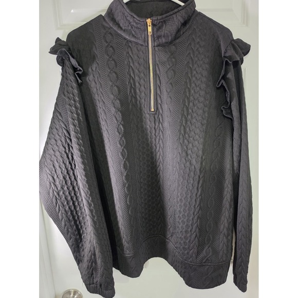 Umgee Tops - Umgee Black Textured Pullover Top Ruffle Sleeve Gold Zip Mock Neck Womens